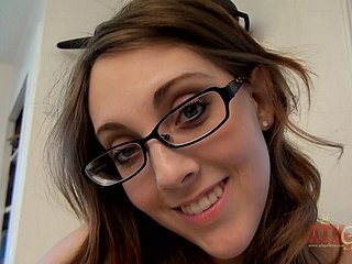 Hot brunette round glasses Nickey Stalker fingerbangs say no to drenched pussy bleat and orgasming